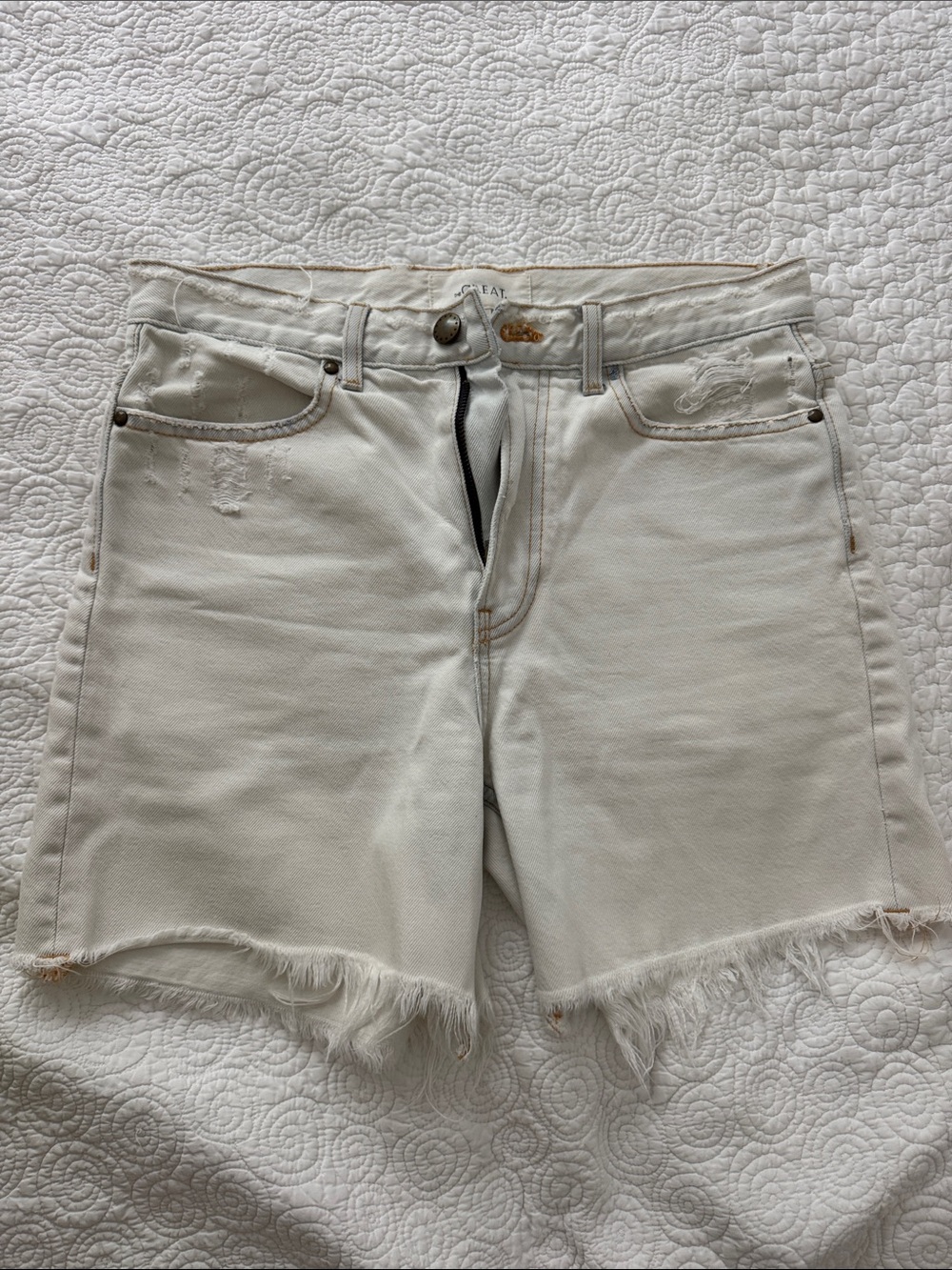 THE GREAT. Distressed Frayed Hem Denim Shorts